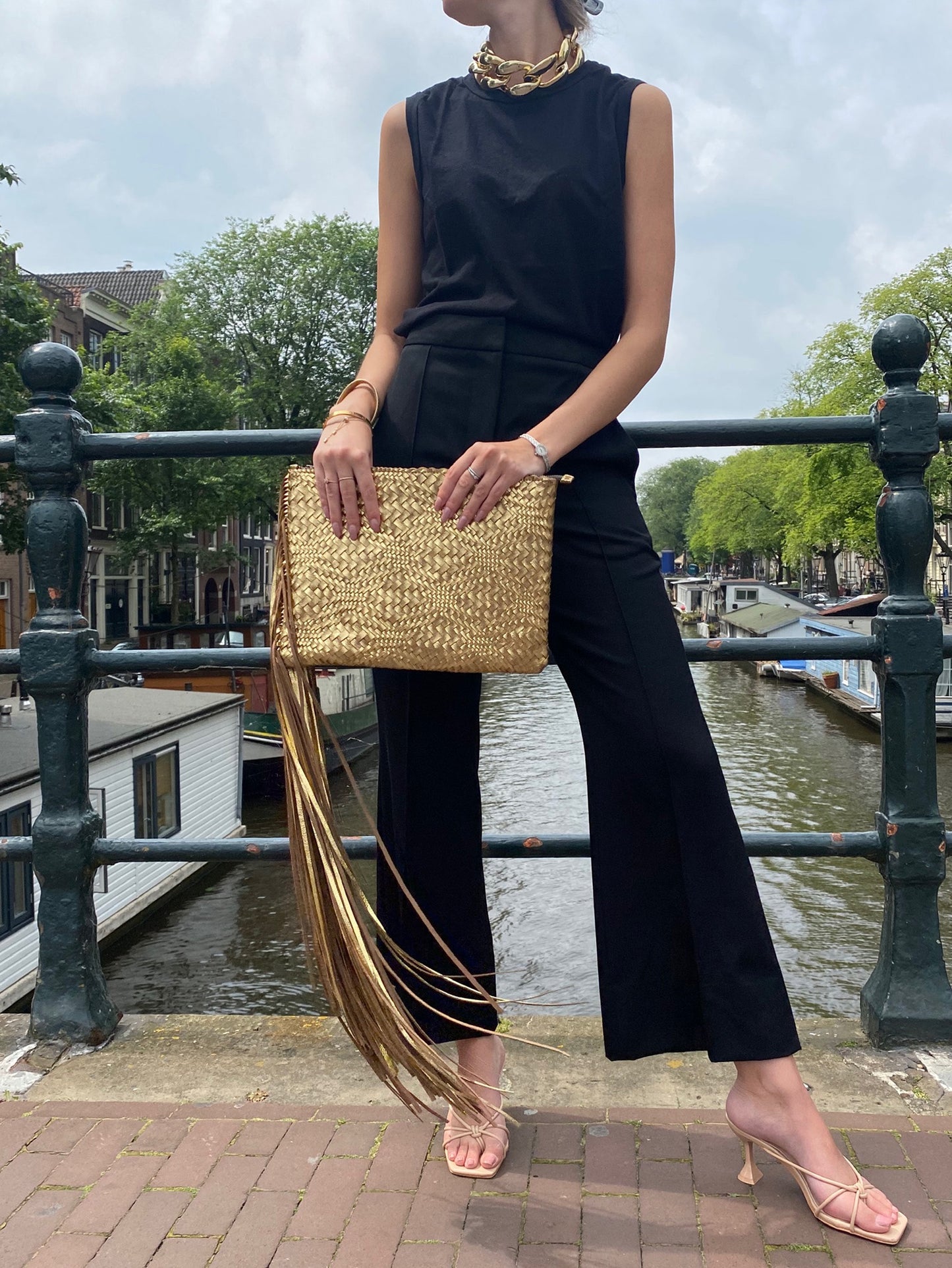 Leather Fringe Clutch Black