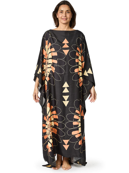 Long Silk Kaftan Charcoal FLEURS