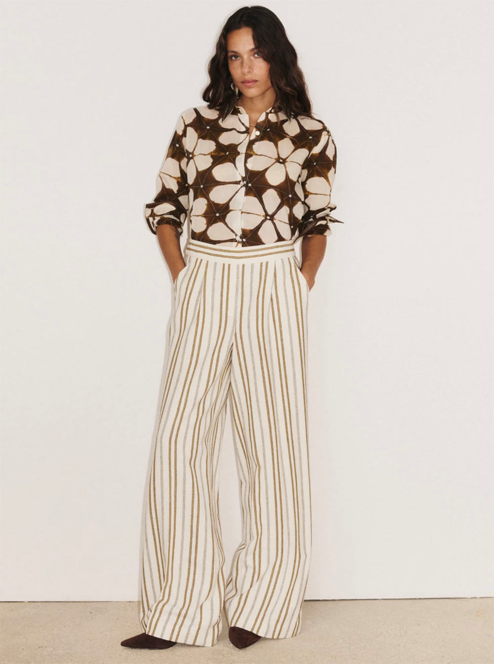 Cotton Shirt Lotus Print Brown