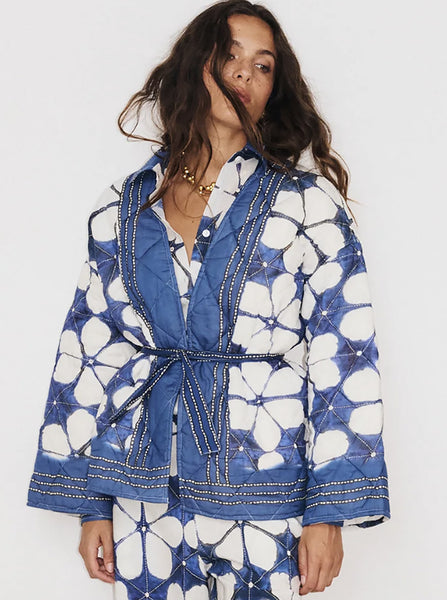 Lotus Printed Cotton Jacket Blue