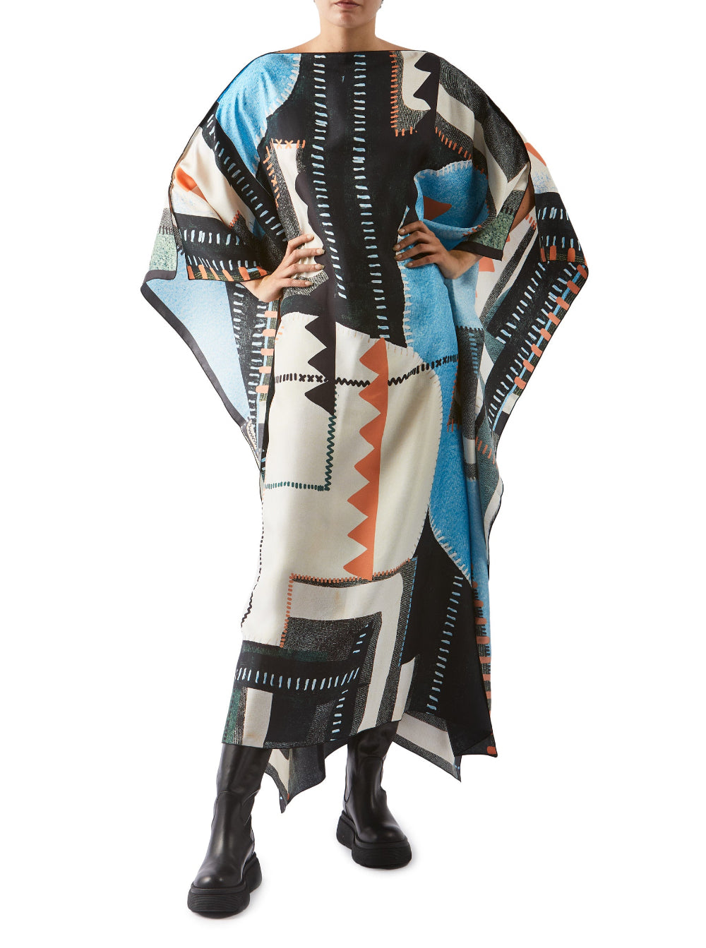 Geo Print Long Silk Caftan