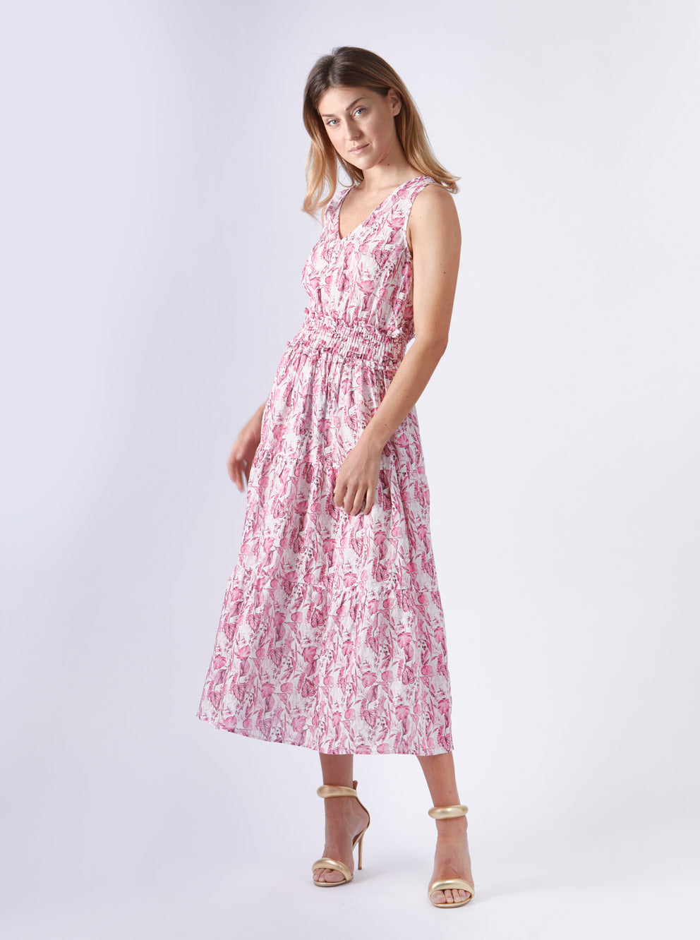 Dress Linen Flower Print Fuxia