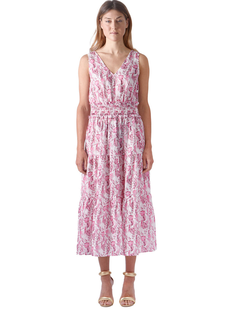 Dress Linen Flower Print Fuxia