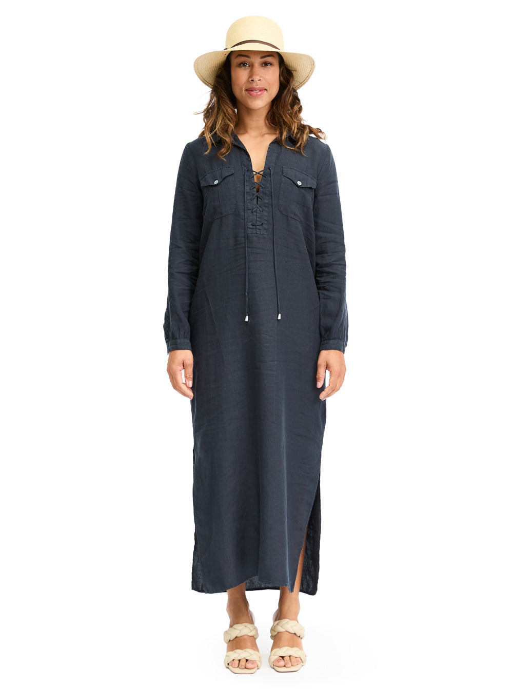 Linen Midi Dress Navy