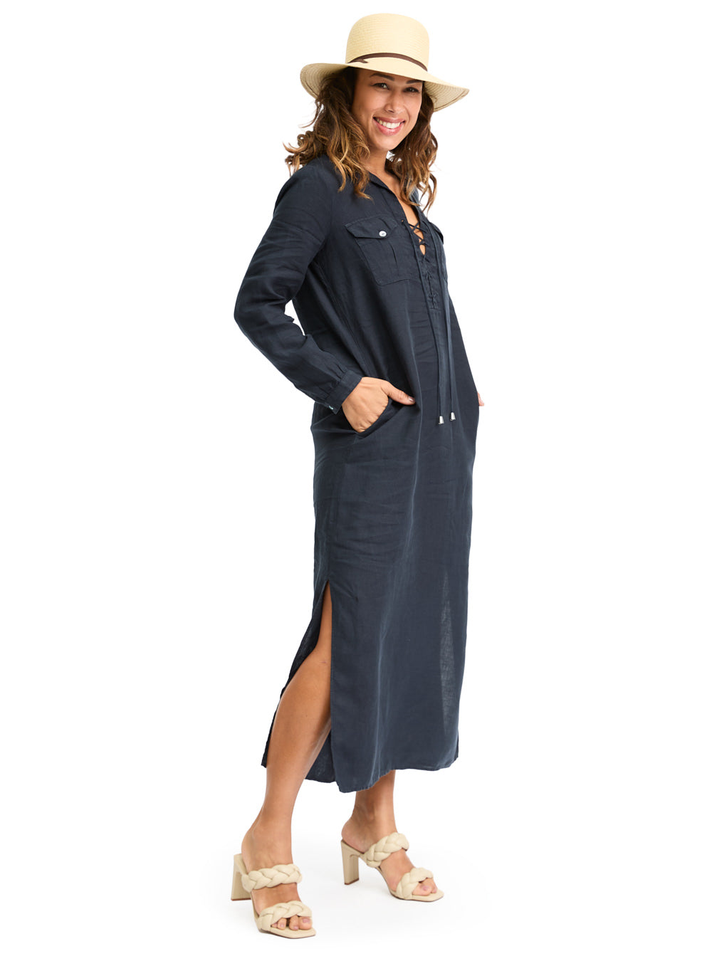 Linen Midi Dress Navy