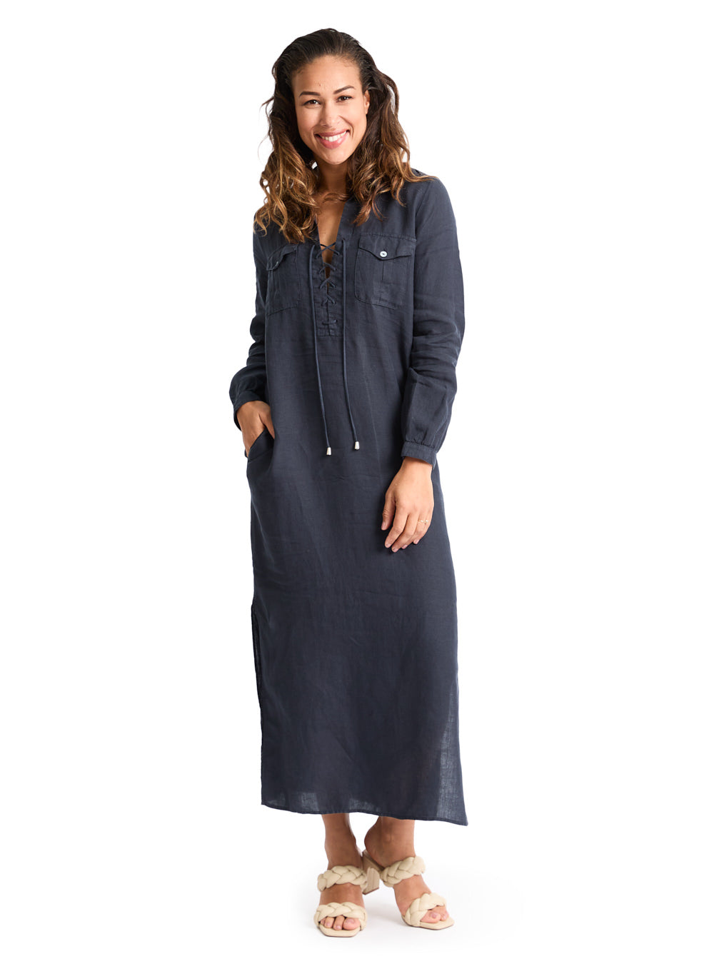 Linen Midi Dress Navy