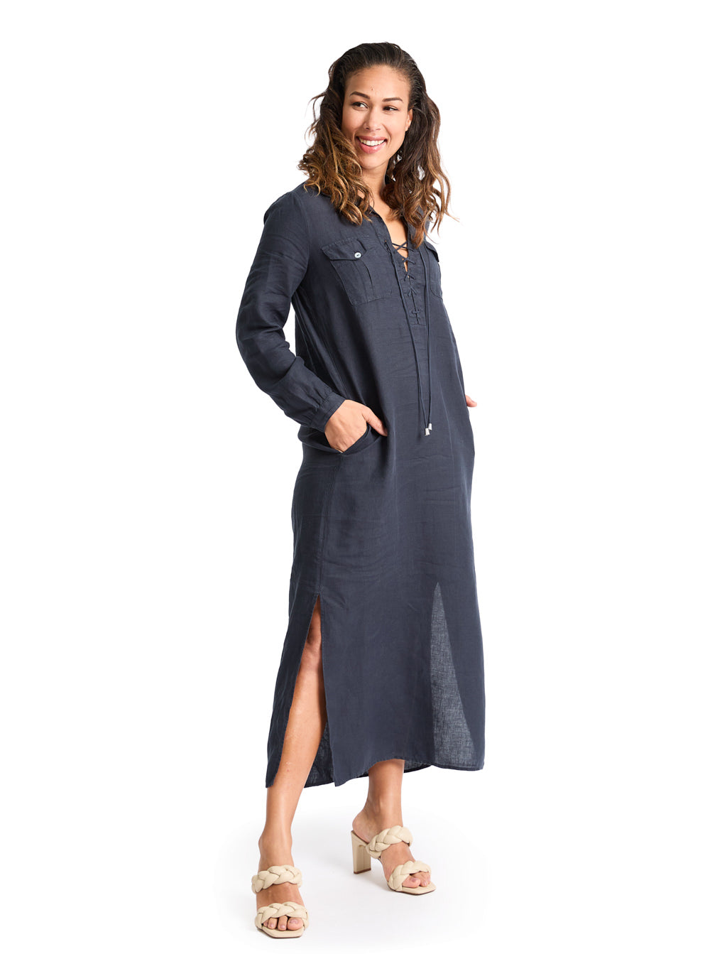 Linen Midi Dress Navy