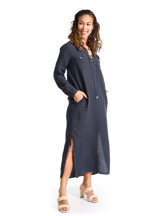 Linen Midi Dress Navy