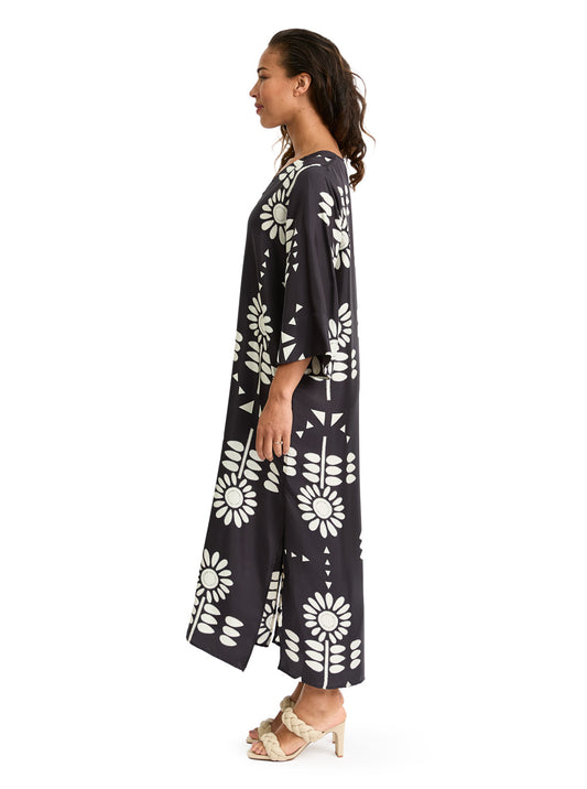 Maxi Silk Dress Flower Carbon