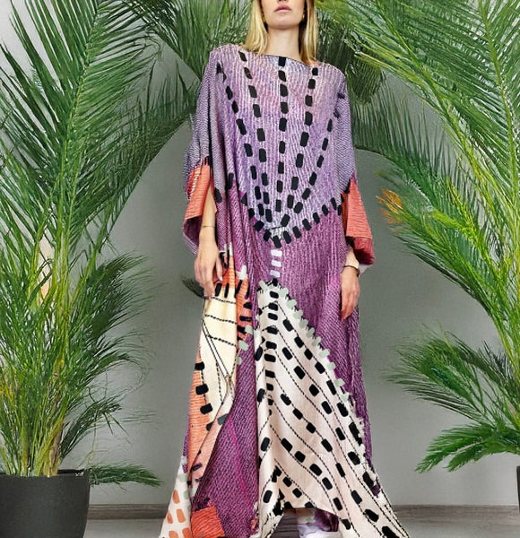 Purple Printed Silk Long Kaftan