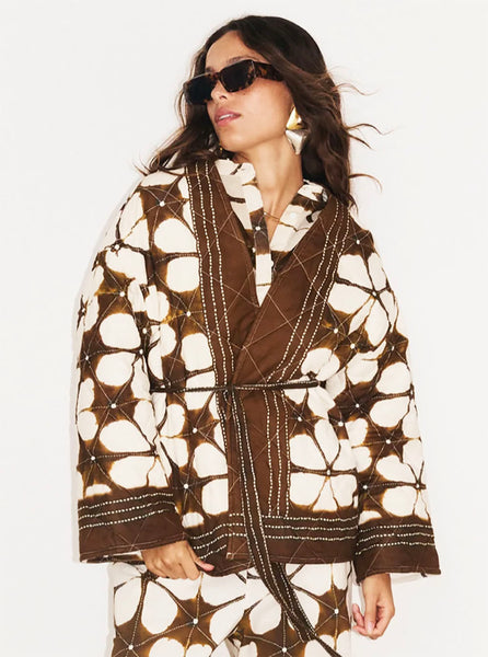 Lotus Printed Brown Kimono Jacket