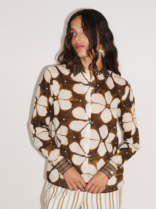 Cotton Shirt Lotus Print Brown