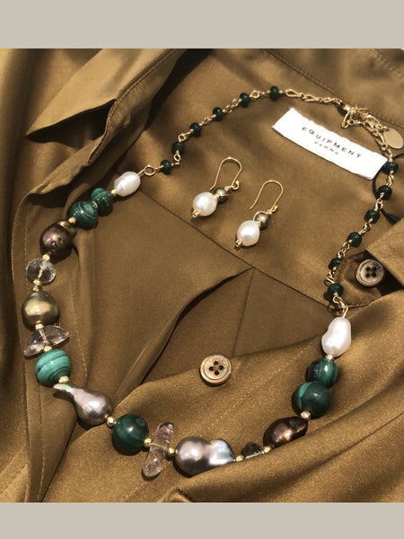 Necklace Fresh Pearl with Malachite