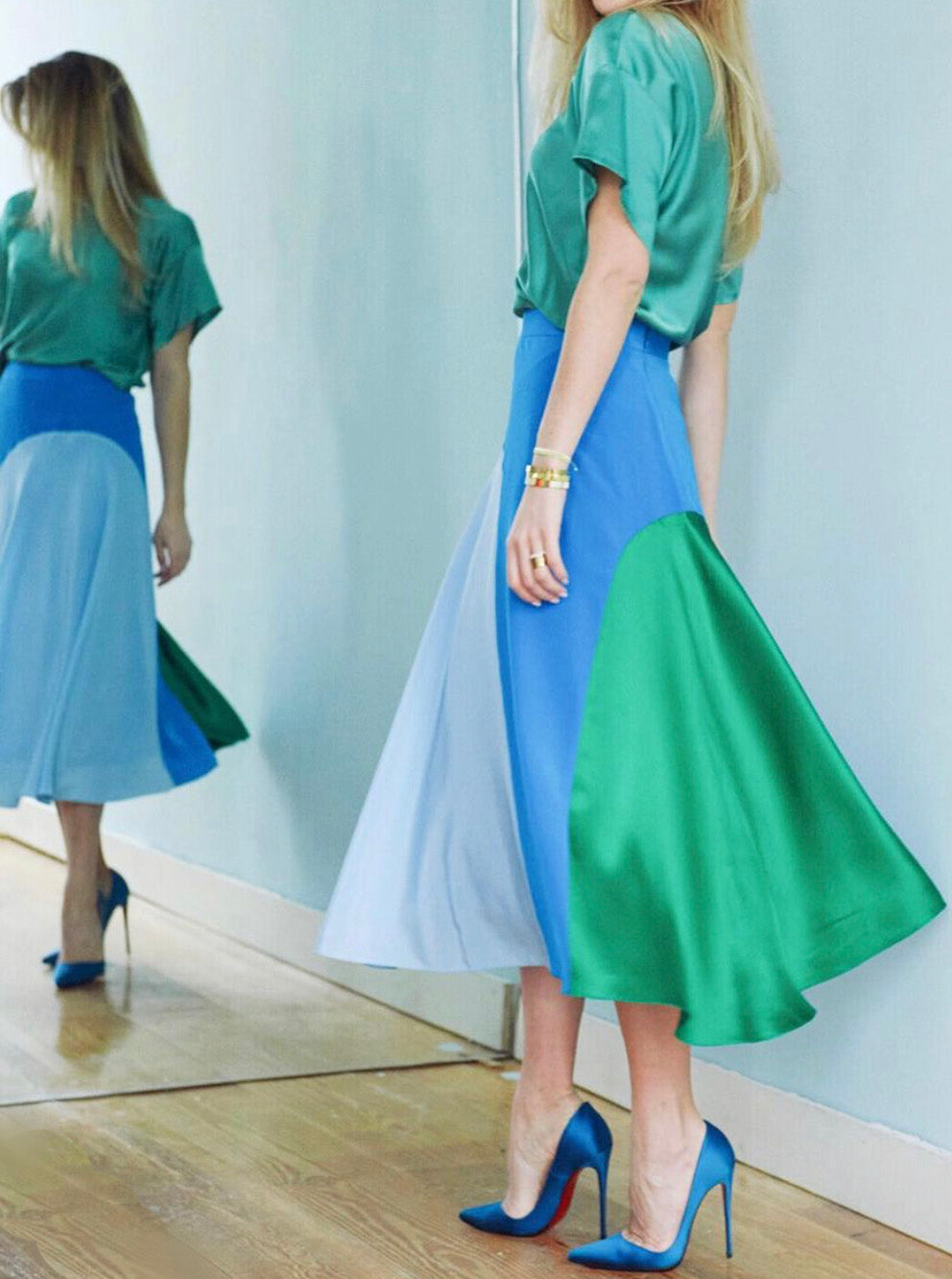 Skirt Colour-blocked Silk Midi