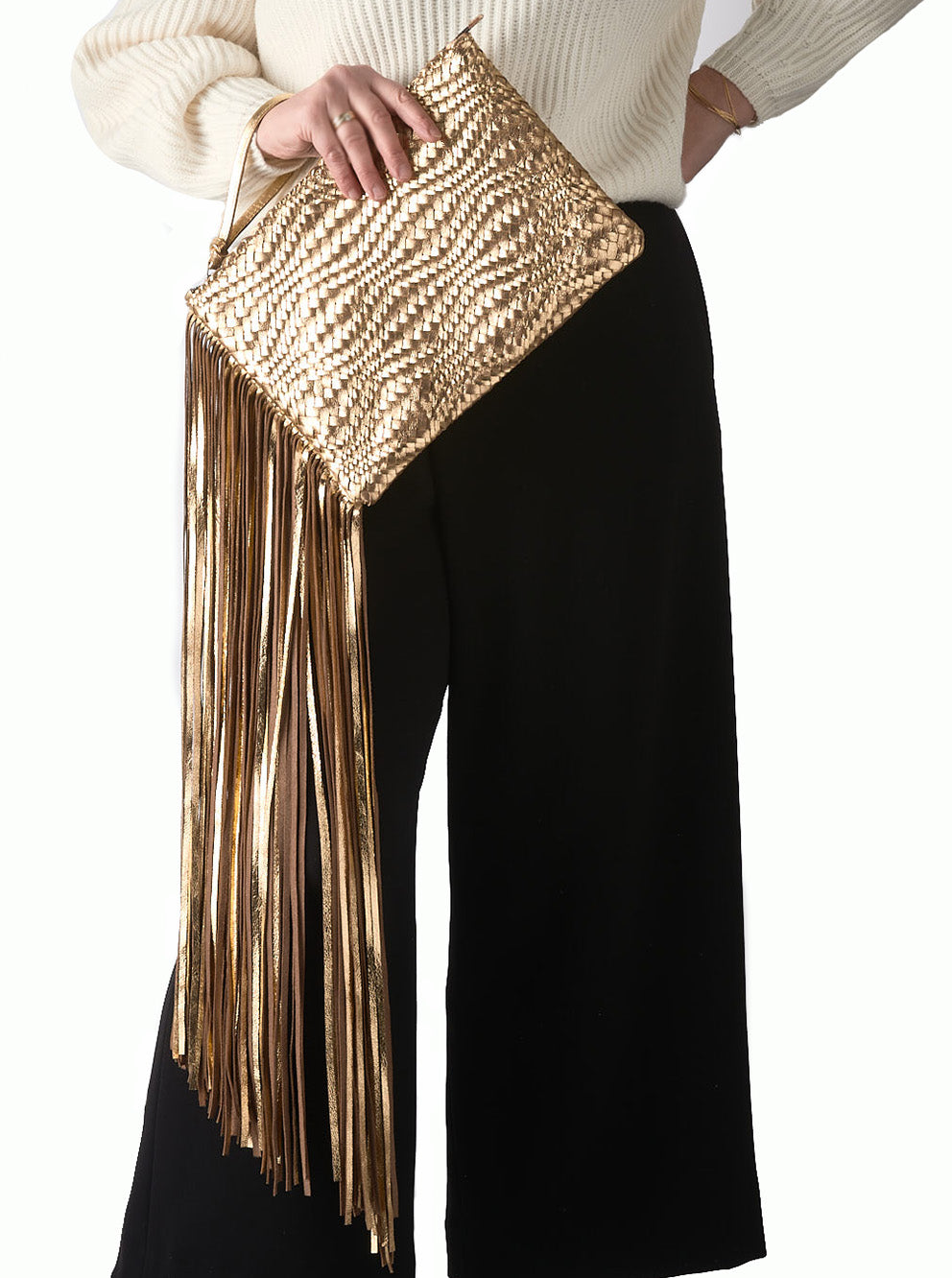 Leather Fringe Clutch Gold