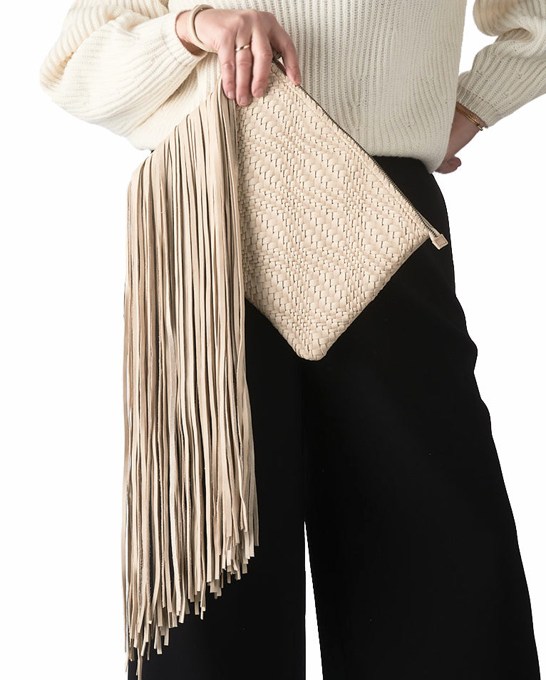 leather fringe clutch cream