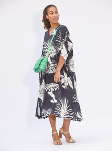 Kaftan Dress Silk Printed Navy