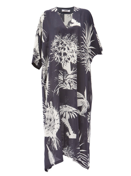 Kaftan Dress Silk Printed Navy
