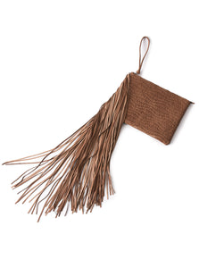 leather fringe clutch cognac