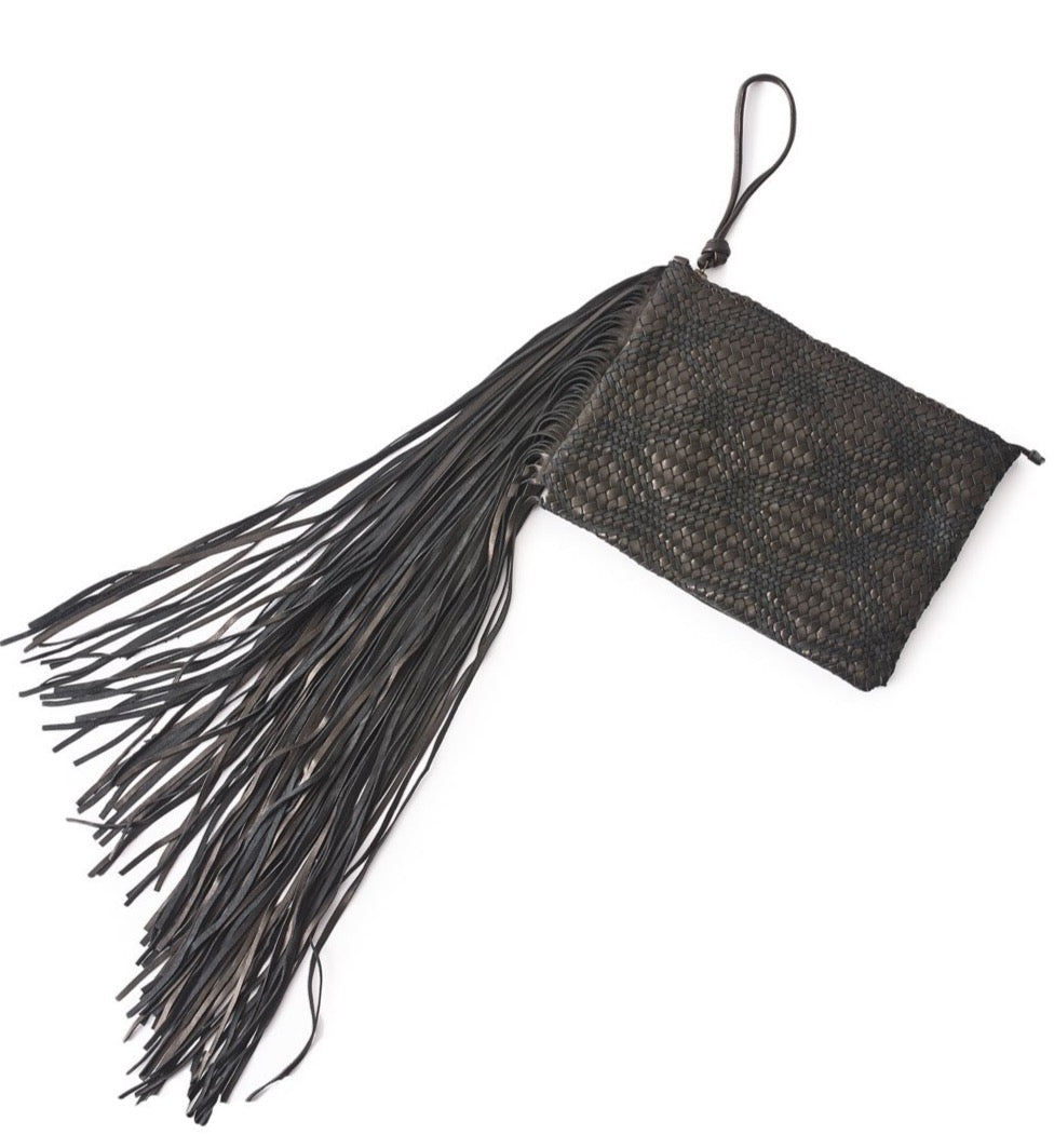 Leather Fringe Clutch Black
