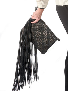 Leather Fringe Clutch Black