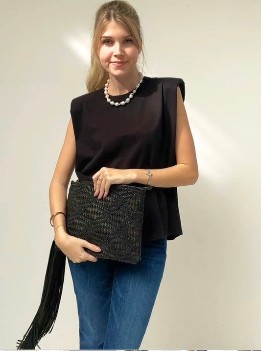 Leather Fringe Clutch Black